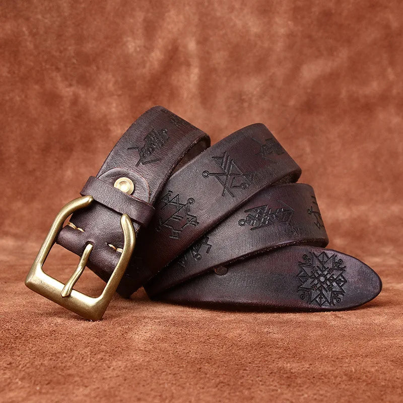 Men's Genuine Leather Belt with Retro Copper Buckle