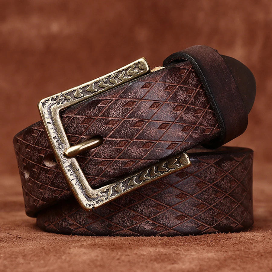 Genuine Leather Belt for Men - 3.8cm Thick, Brass Buckle